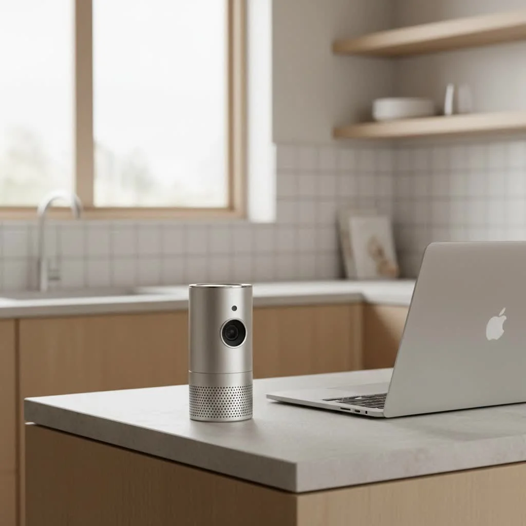 Wireless webcam setup on a desk with a laptop