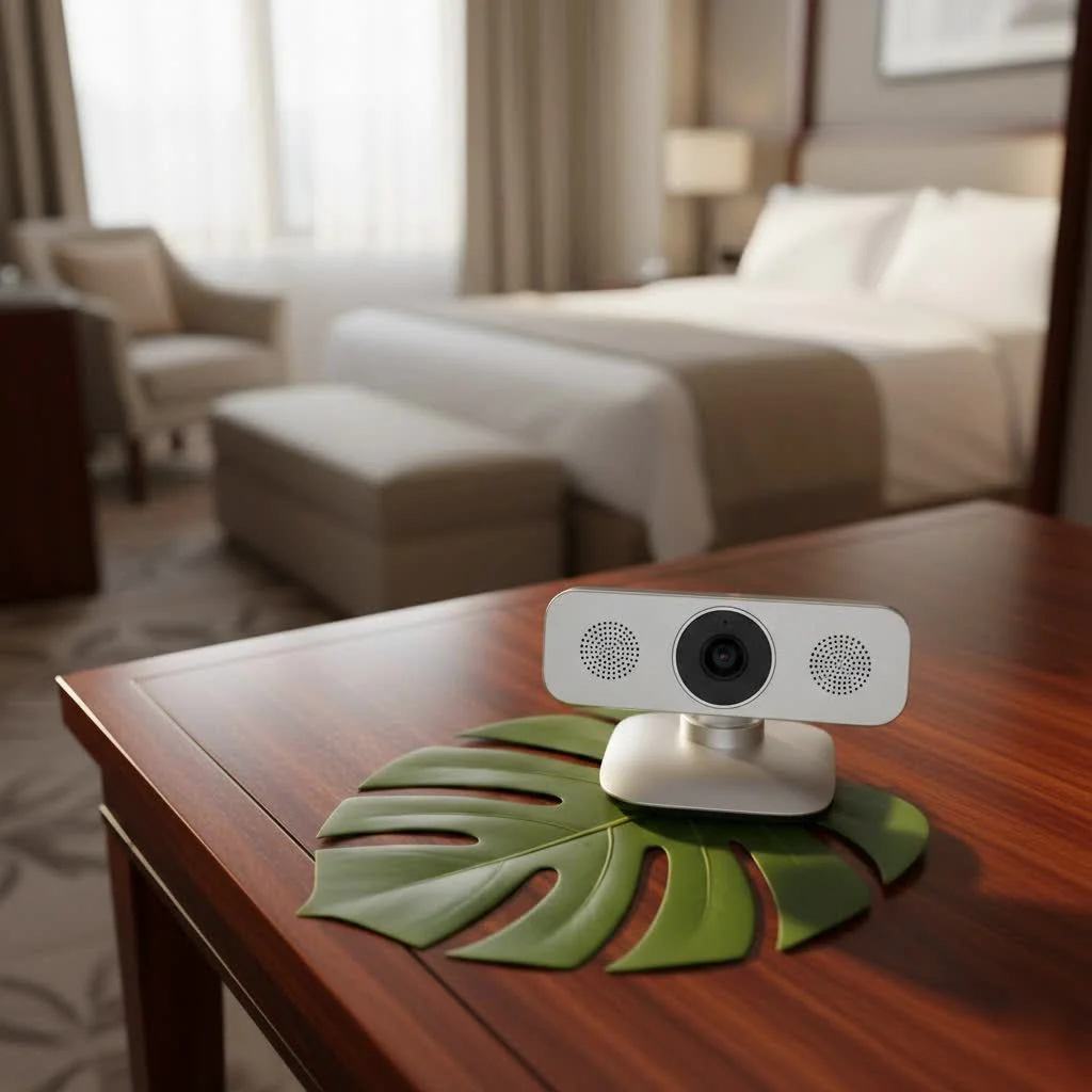 Person using a webcam with microphone for a video call